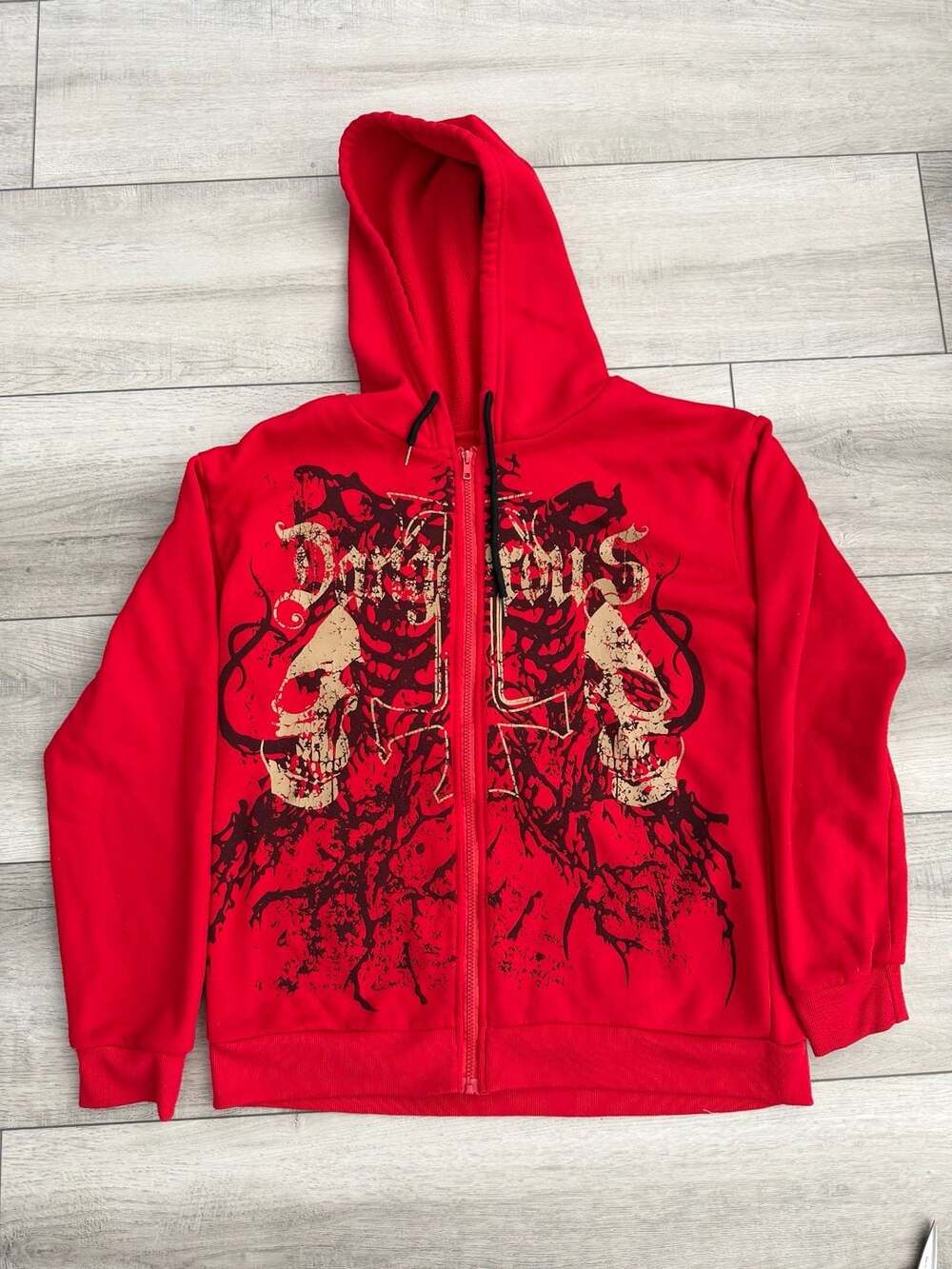 Y2K style Romwe Men Goth Skull Print Letter Zip-Up Hooded Sweatshirt Red Size L